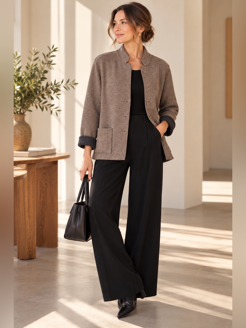 Eileen Fisher Merino Wool Knit Blazer Jacket Brown Gray Size L